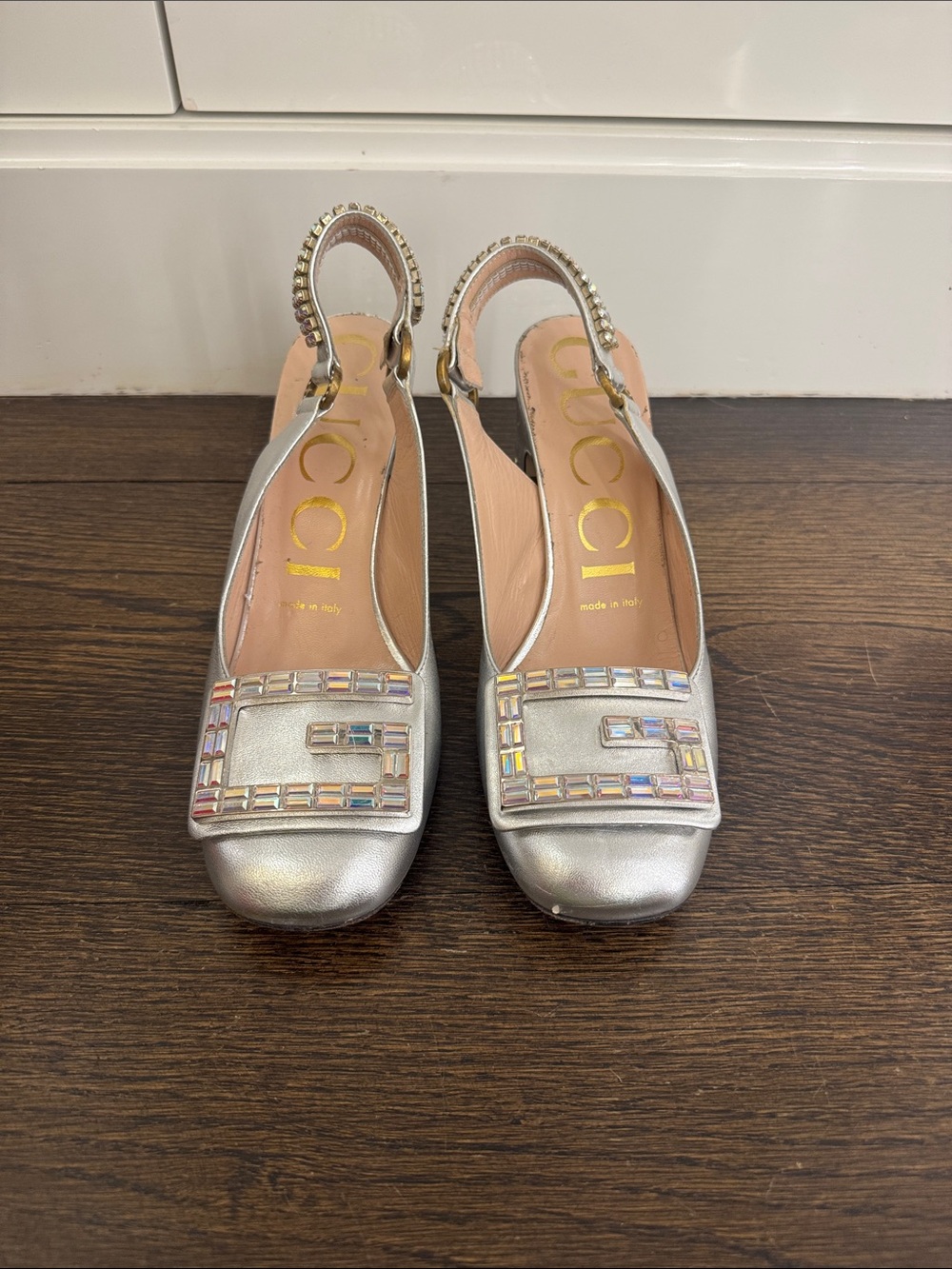 Gucci Silver Crystal-Trim Slingback Mules